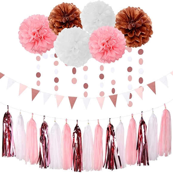 Pink Rose gold Mother's Day Brunch Decor - 23 paper towel pompoms streamers ban